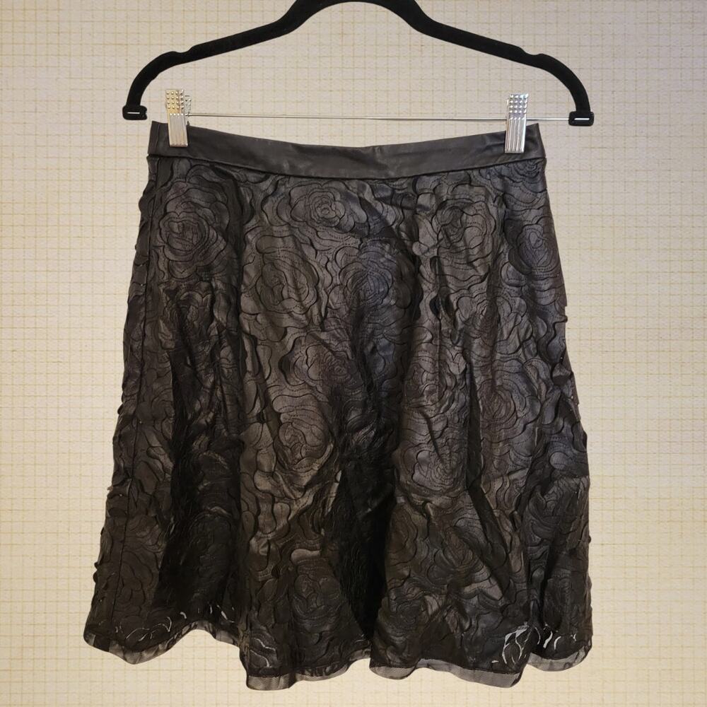 Whimsigoth 2000s Boston Proper Fox Leather Floral Appliqué A-Line Skirt 6 USA